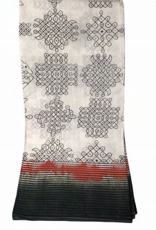 White Kolam design Cotton Saree - Green border
